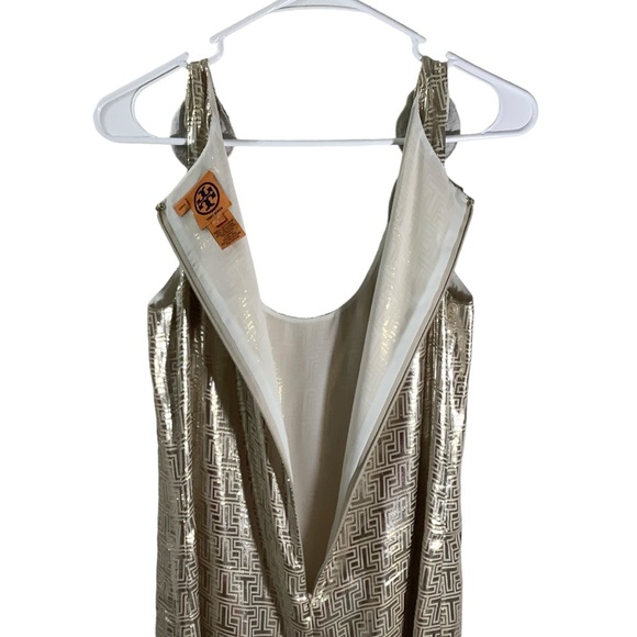Tory Burch Bay Dress Metallic Gold Geometric Silk Blend - Picture 3 of 8